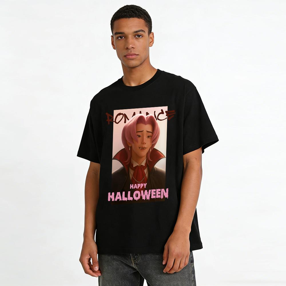 Halloween Romance Vampire Pink-Haired Character Print Top Casual Loose T-Shirt For Men Women Pure Cotton T-shirt