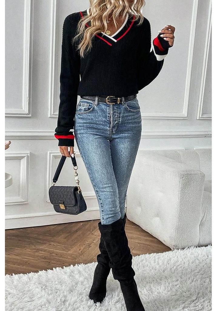 2025 Autumn/Winter Women's V-neck Knit Top with Color Block Trim - European & American Style, Versatile Long Sleeve Cotton Sweater