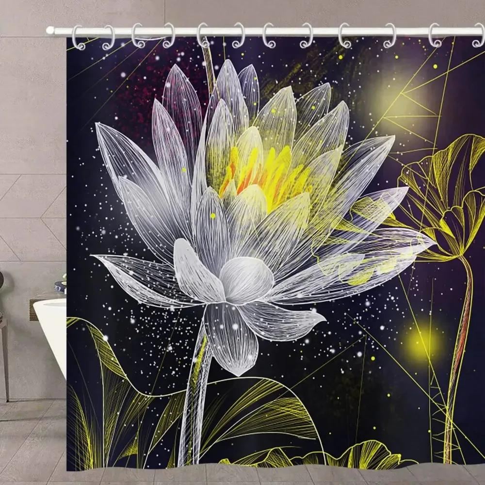 Lotus Shower Curtain BlackWhite Flower Magic Elegant Floral On Black Background Modern Simple Unique Art Women Bathroom Curtain