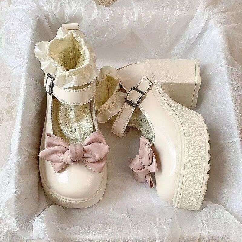 High Heel Sweet Bow High Heel Single Mary Jane Shoes Women's Bow Single Shoes Women's Autumn Mary Jane Vintage Thick