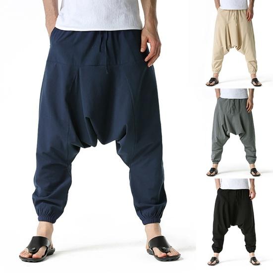 Drop Slacks Deep Crotch Mid-Rise Drawstring Elastic Waistband with Large Capacity Pockets Loose