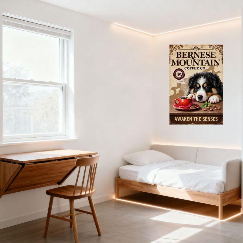 Vintage Bernese Mountain Coffee Co. Metal Tin Sign, EST.1960, Puppy & Coffee Cup Design, Retro Home Cafe Wall Decor