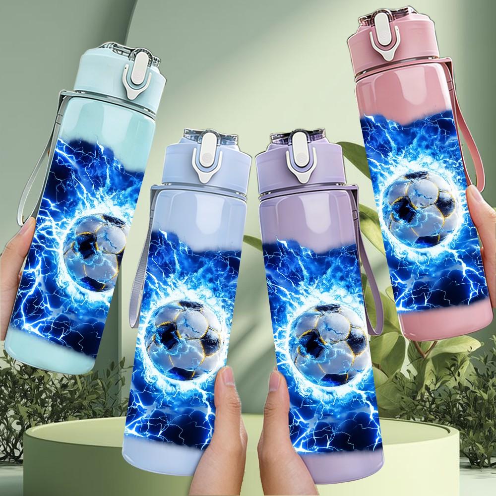 1PC Blue Lightning Soccer Ball Print 750ml Color Plastic Sports Water Bottle Leakproof Flip Straw Lid Suitable for Sports Office Home Use