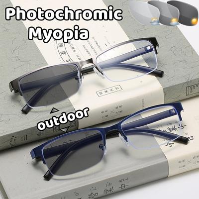 Photochromic Business Myopia Glasses Half Frame Anti-blue Light Short Sight Eyewear Outdoor High Definition Near Sight Glasses