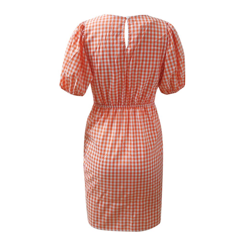 Women's Fashion Plaid Drawstring Waistband Indented Seventh Sleeve Dress