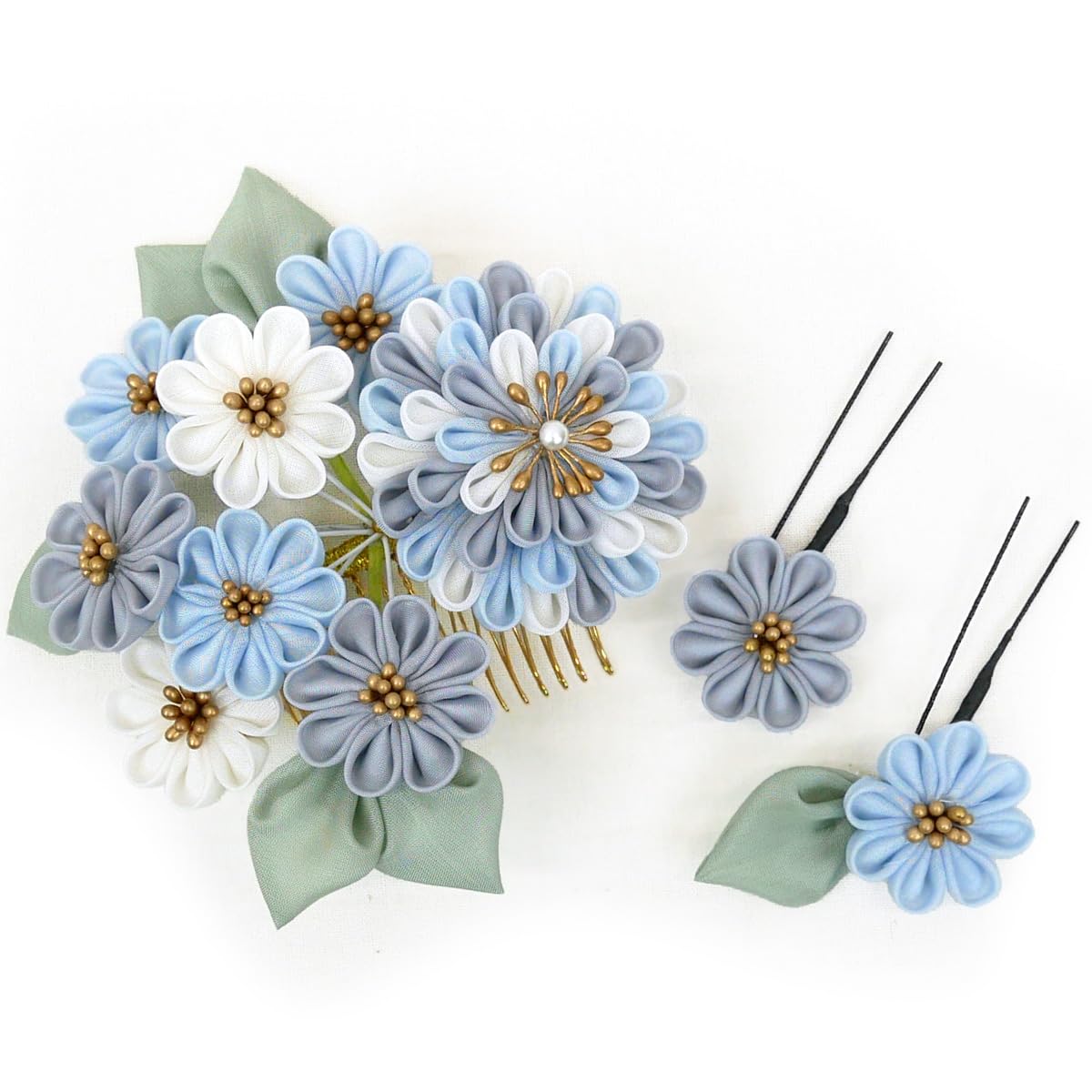 

Hair Ornament for and Jusan Mairi 3-Piece Set, Tsumami-zaiku (Blue), Coming-of-Age Ceremonies, Furisode, Hakama, Graduation, Yukata, (Jusan Mairi). синий