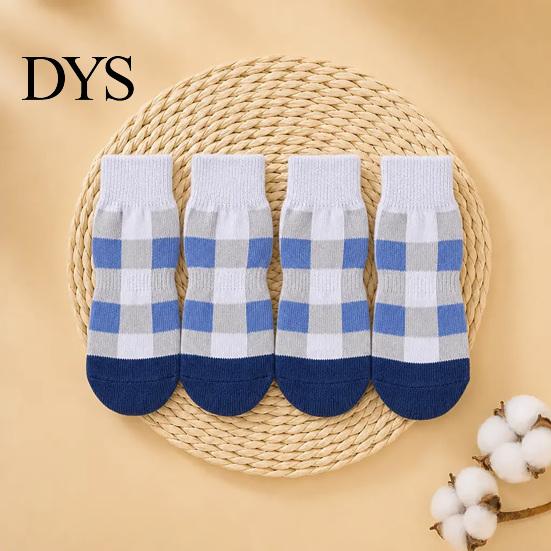 Non-slip Cotton Paw Grips 4Pcs Plaid Dog Socks, Anti-Slip Pet Covers with Adjustable Socks to Prevent Scratching Straps, Breathable Ribbed Protectors