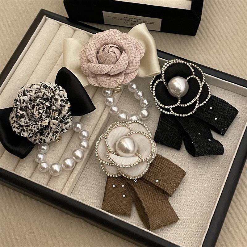 Small Fragrant Shiny Bead Bow Camellia Brooch Black Mourning Bow Tie Brooch