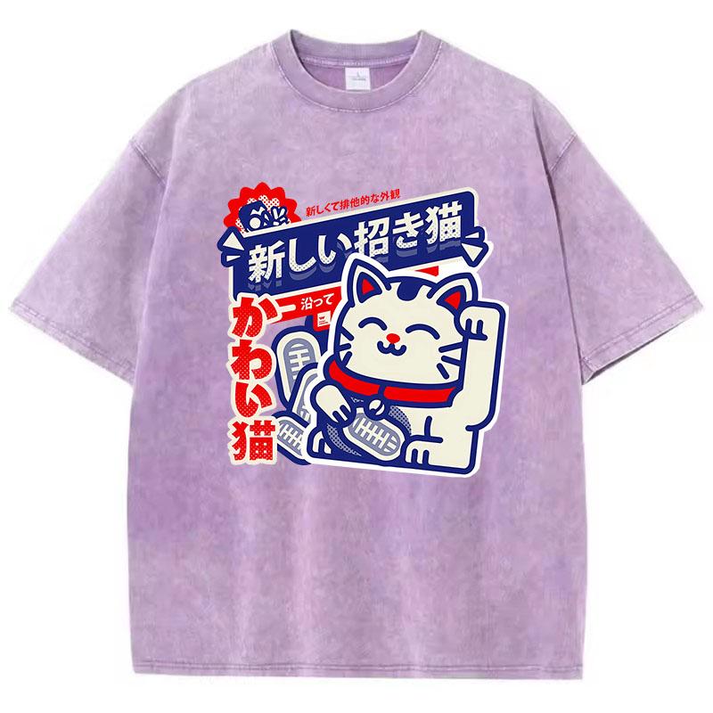 Manga T Shirt Vintage Washed Cotton T-Shirt Japanese Style Anime Cat Graphic Tee Casual Streetwear Spring Tops