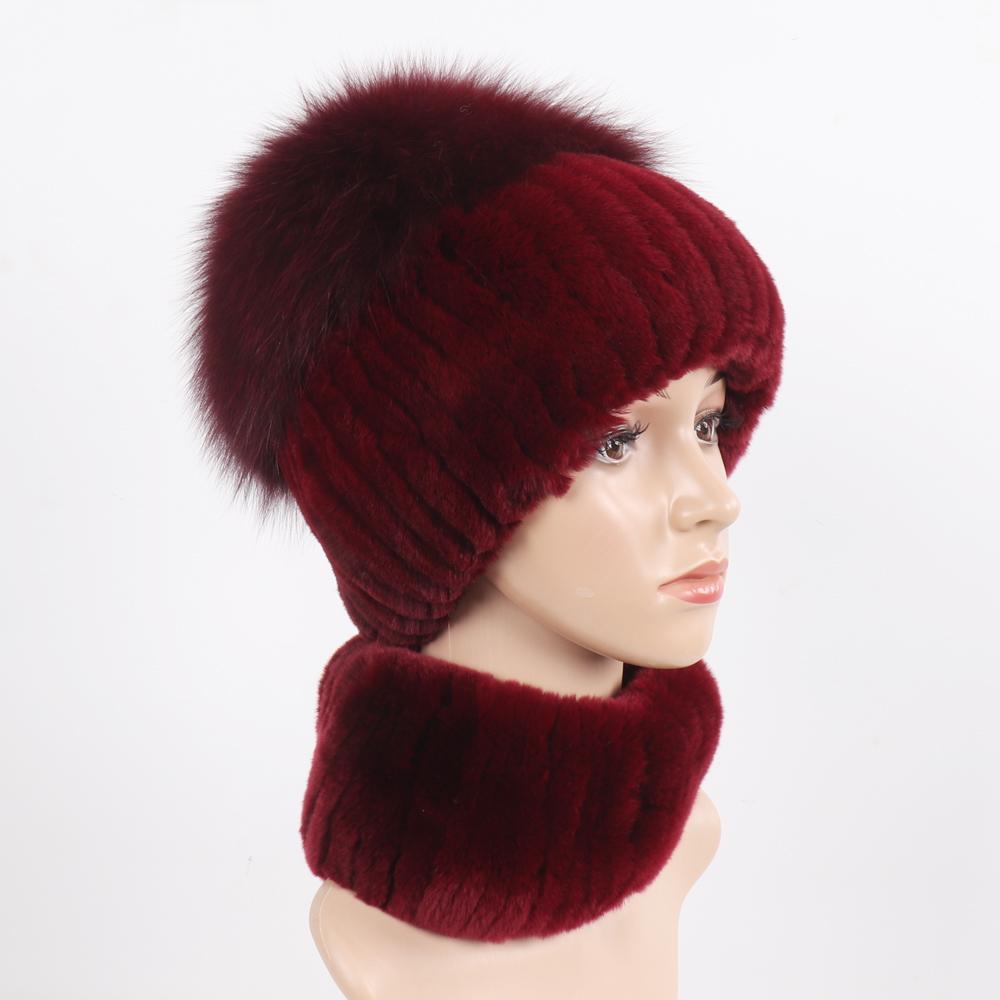 Women Winter Real Fur Hat Scarf 2 Pieces Knitted Rex Rabbit Fur Hat Top Natural Fox Fur Cap Scarves Sets Lady Warm Real Fur Caps