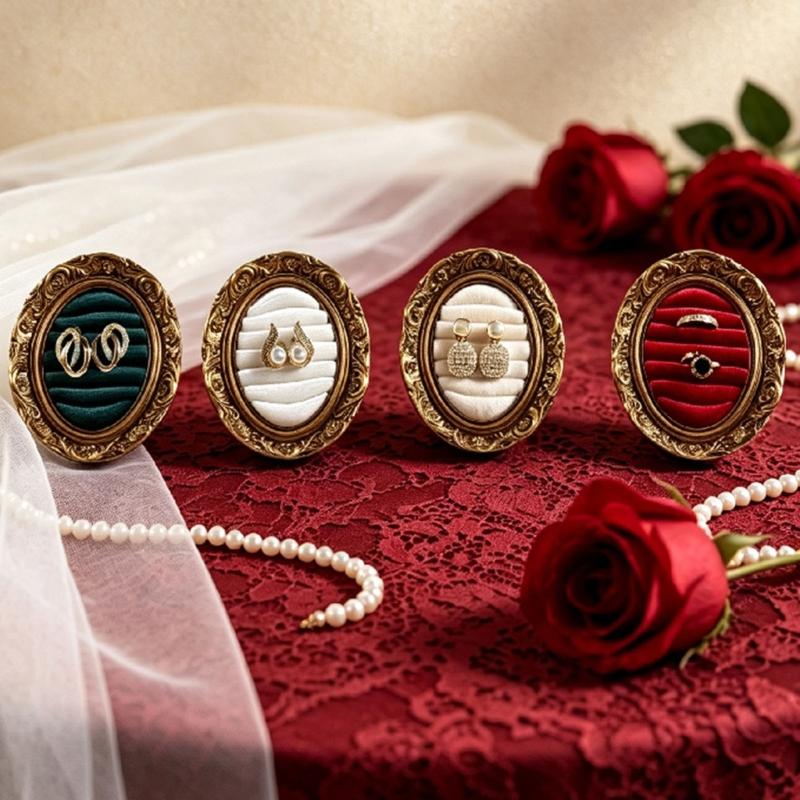 Ring Display Tray with Multiple Horizontal Slots, Ornate Oval Scrollwork Frame and Flat Base for Tabletop Presentation