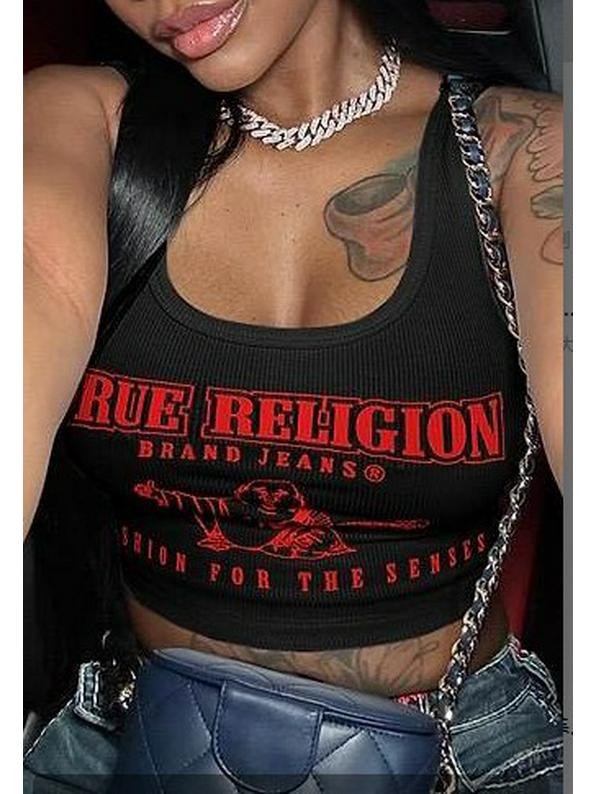 

European & American Open-Collar Ribbed Letter Print Women s Tank Top Extra Large