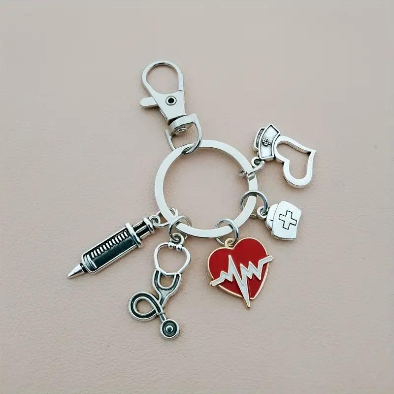 Vintage Syringe Stethoscope Keychain with Heart-Shaped Pendant