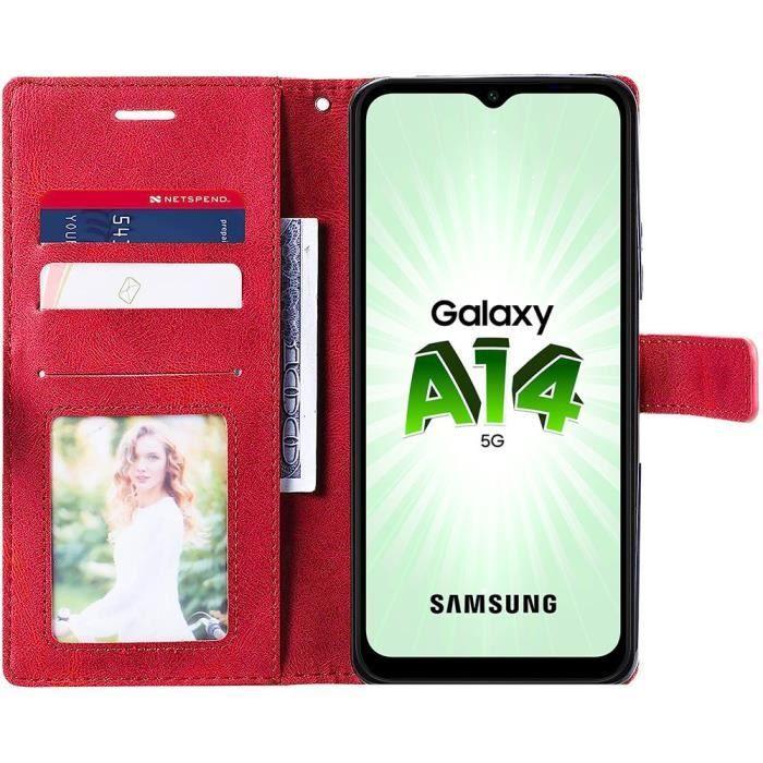 Coque semi-rigide en cuir PU rétro rouge pour Samsung Galaxy A14 4G-5G + 2 verres trempés