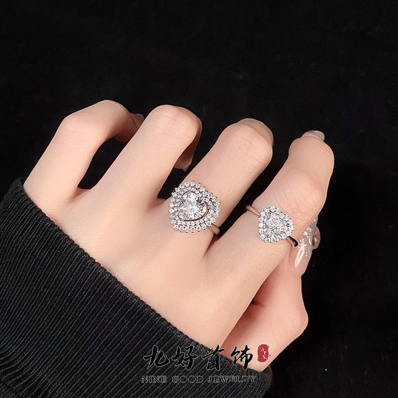Caibao Light Luxury Main Stone Zircon High-End Sense Of Love Full Of Diamonds Simple Opening Ring Cold Wind
