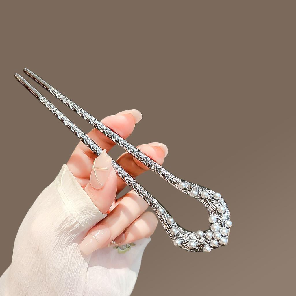 Exquisite and Sweet Style Imitation Pearl Inlaid Women's U-shaped Hairpin Cheongsam Hanfu High-end Banquet Braided Hair Hairpin