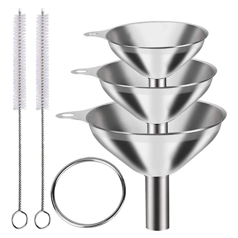 6Pcs Stainless Steel Kitchen Funnels Set Wide Mouth Funnels For Canning Bar Wine Beer Oil Flask with Cleaning Brushes and Rings