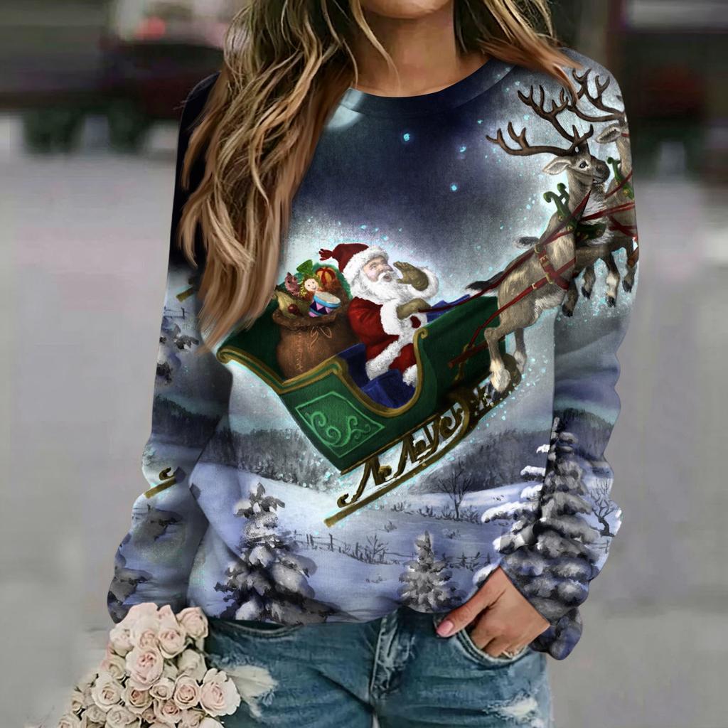 Women's Casual Neck Long Sleeve Raglan Christmas Print Pullover Sweatshirt