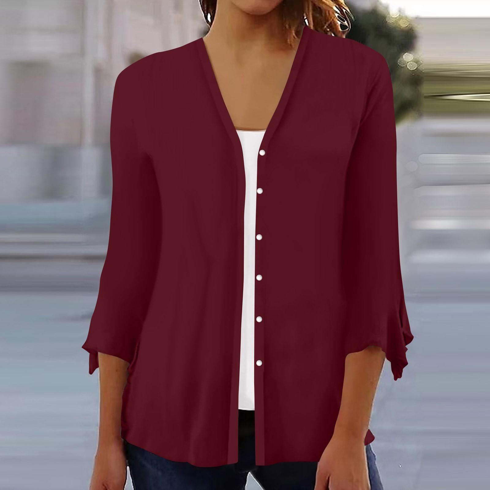 

Women s Shirt Blouse Outerwear Color 3/4 Length Sleeve Casual Holiday Basic Button Tops XL