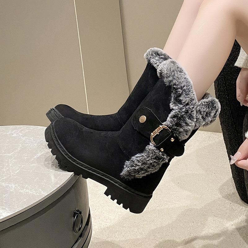 Autumn and Winter New Snow Boots Thick-soled Foot Cover Velvet Cotton Boots Slope Heel Women's Boots Belt Buckle Medium Boots Women's