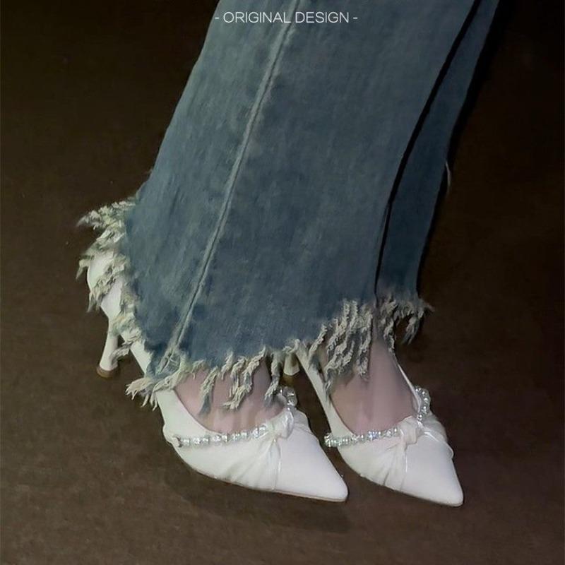 Fashion Pointed Toe Single Shoes Women's 2025 Summer New Versatile Pearl French Lace Ribbon Bridesmaid Shoes Stiletto Heels