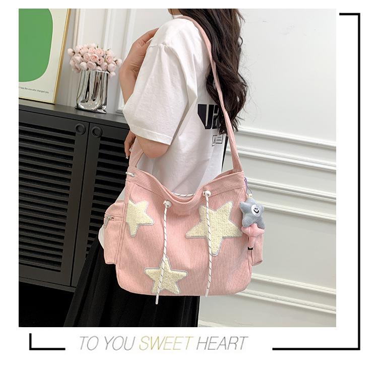 Bolsa Tote Feminina de Veludo Cotelê de Grande Capacidade com Design de Pentagrama - Transversal e Ombro Único