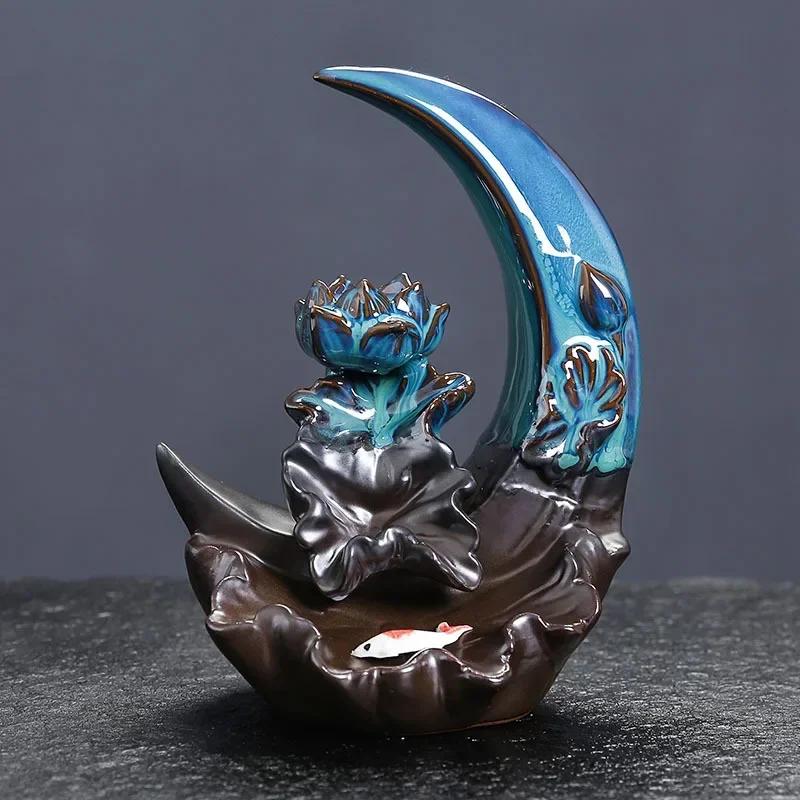 Kreativer Räuchergefäß aus Keramik für Ramadan mit Rückfluss-Wasserfall-Design zur Heimdekoration, Mond- und Lotusmuster (Ohne Weihrauch)