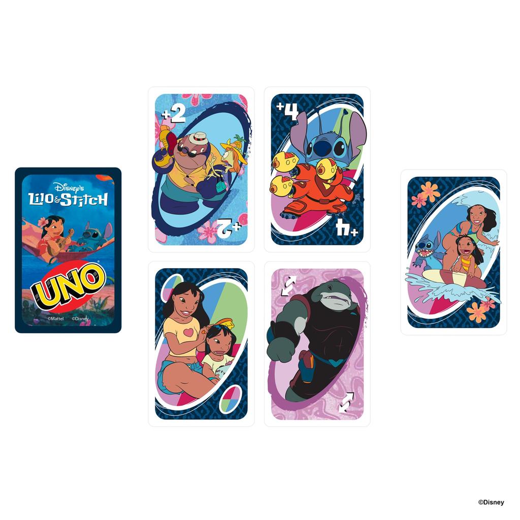 Mattel Games UNO Lilo & Stitch Party Supplies Card Game, 112 Cards, for 2-10 Players, Ages 7 and Up, Blue, JCC10