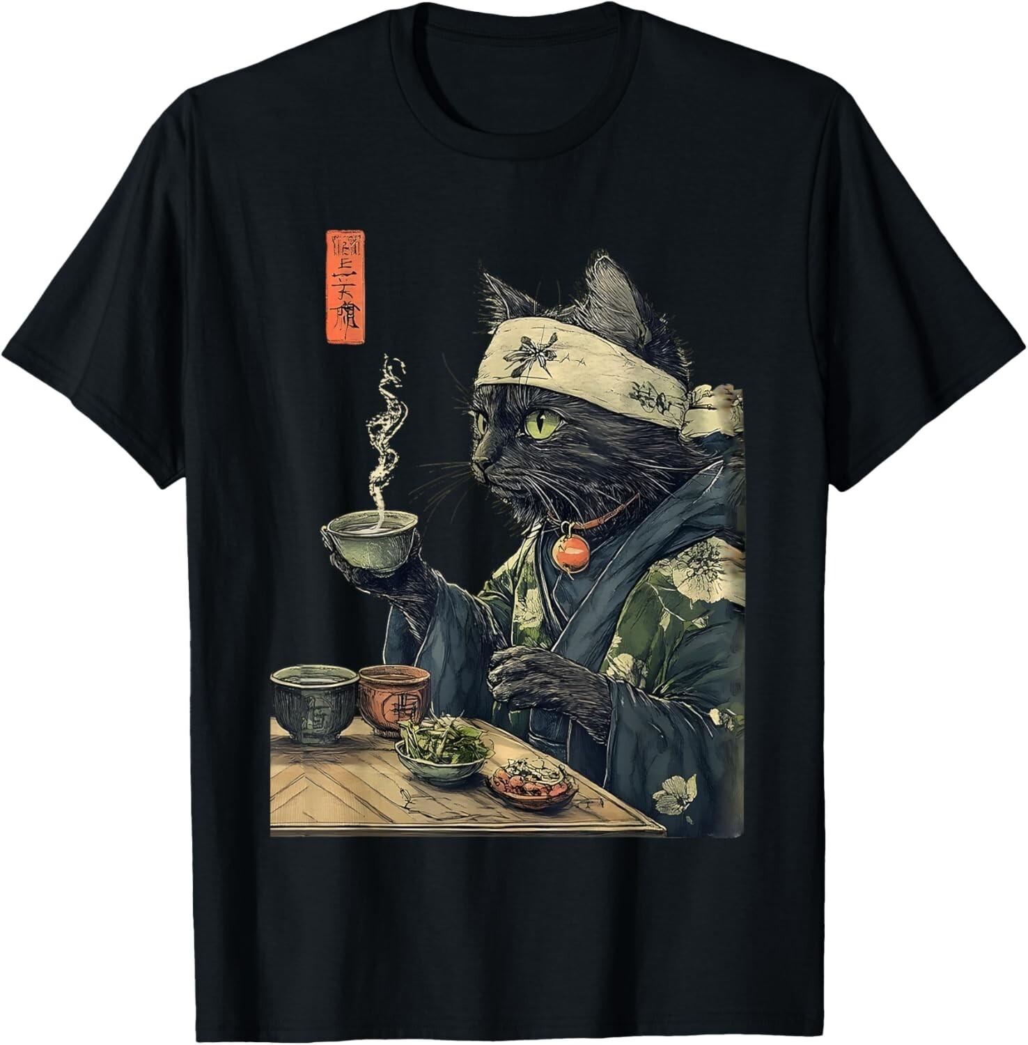 cat drinking tea japanese tea ceremony art print T-Shirt Mens Womens Tees Top unisex T-Shirt Mens Womens Tees Top L