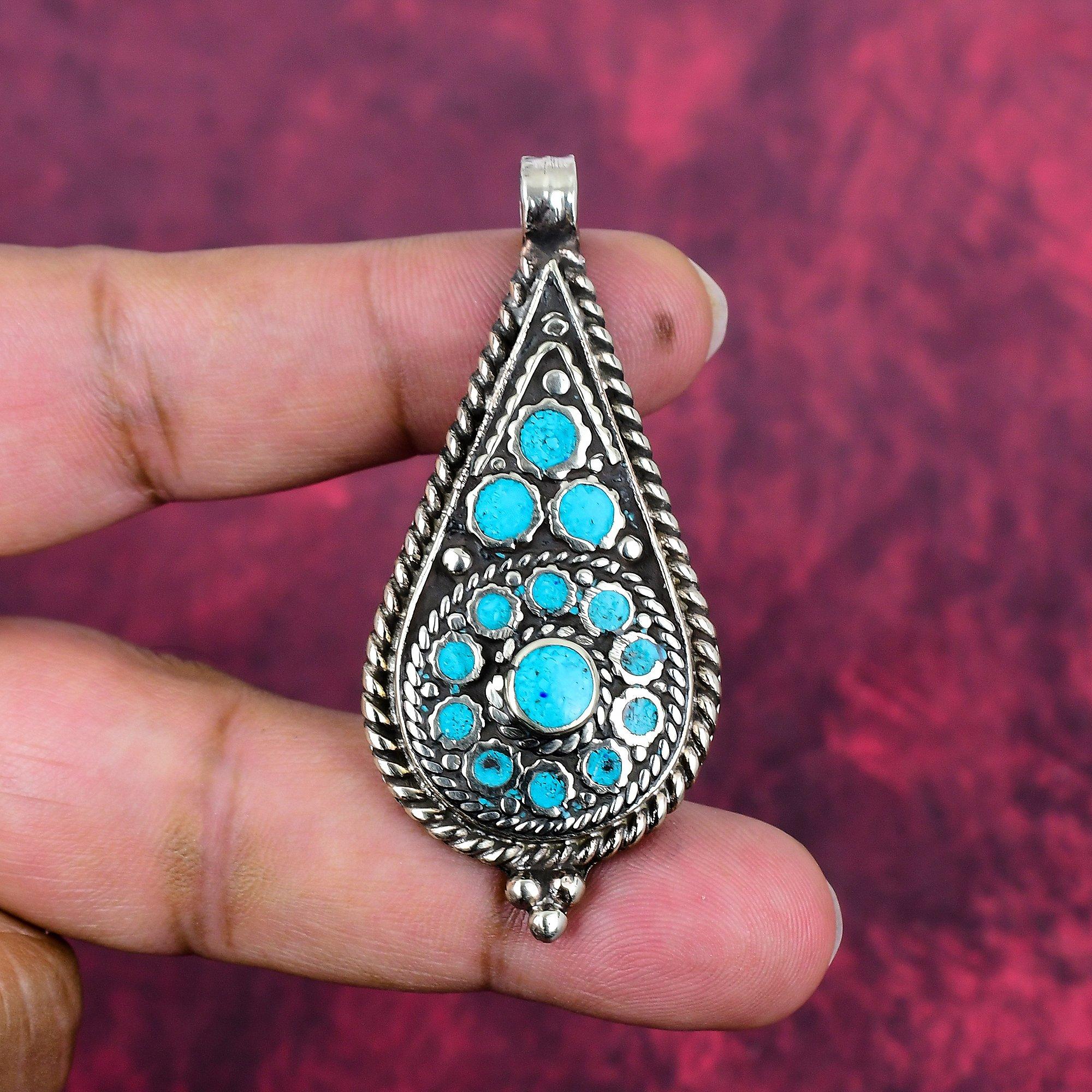 

Подвеска из драгоценного камня ручной работы с синей бирюзой, антикварная ювелирная подвеска из стерлингового серебра 925 пробы, для подарка на помолвку 2.36 Inches