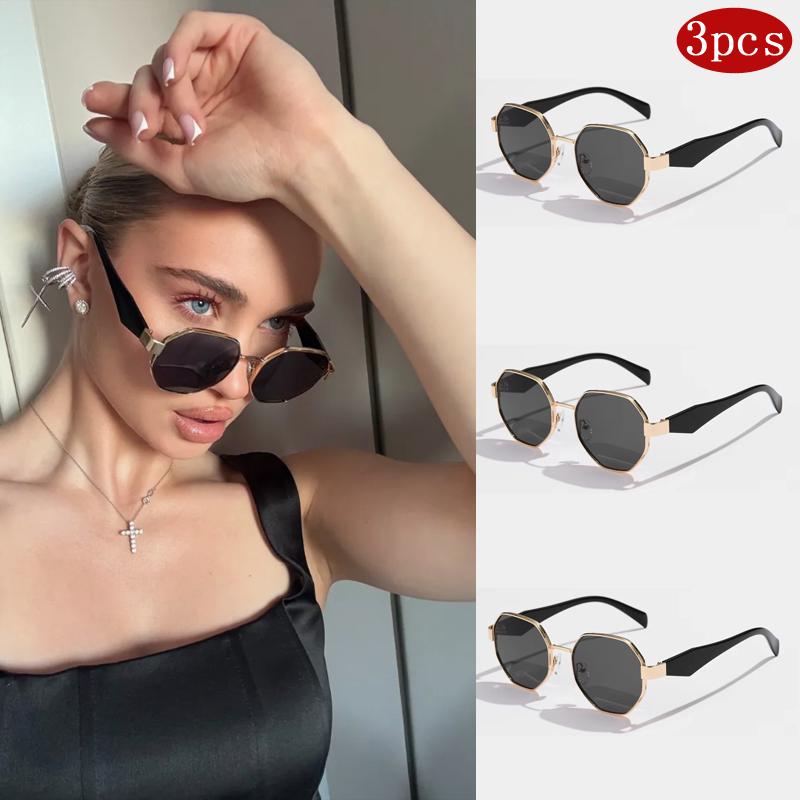 3pcs Trendy Polygonal Women's Sunglasses Fashion Metal Frame Driving Sun Glasses Female Stylish Outdoor Vacation Shades UV400