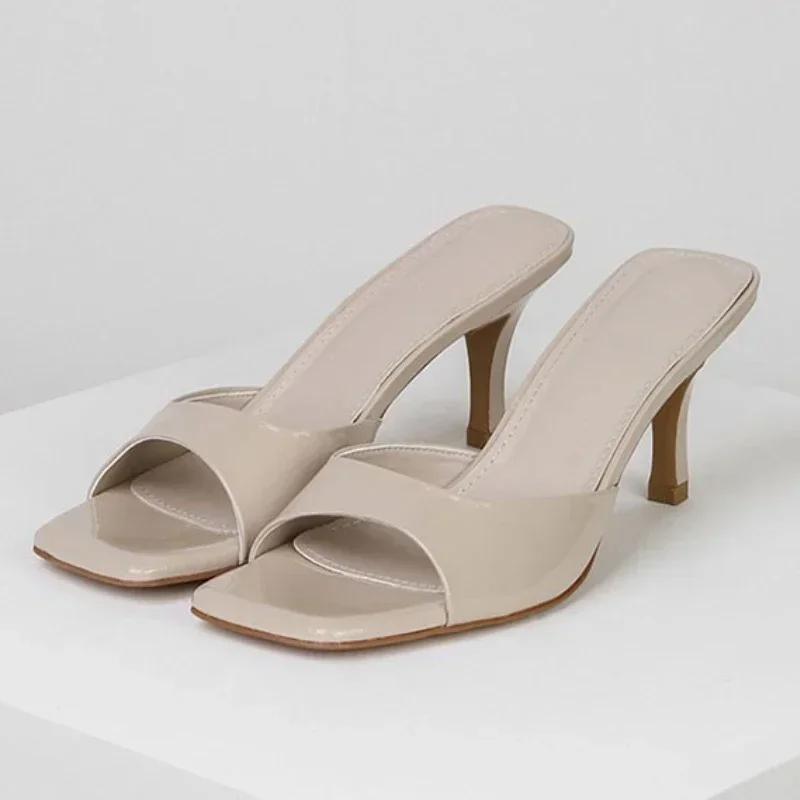 Hot Sale Shoes for Female Square Toe Slippers Women Summer Shallow Stilettos or Thin Heels Open Toe Plus Size Ladies Slippers