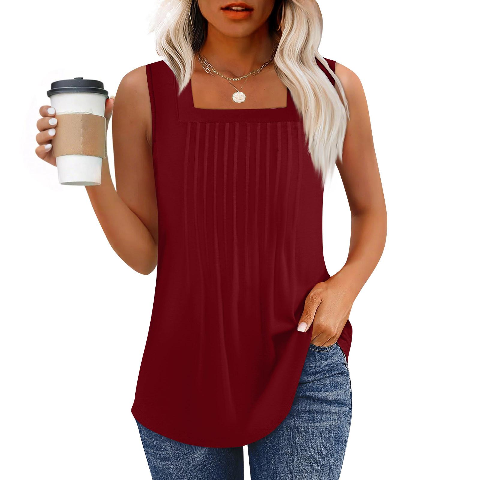 

Майка для женщин Летние наряды Без рукавов Блузки с принтом Повседневные свободные рубашки Плиссированные квадратные вырезы M винный