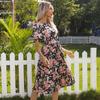 Women Floral Print Long Dress Summer Fall Casual O Neck Short Butterfly Sleeve High Waist Slim Bandage Belt Sizes S To XL