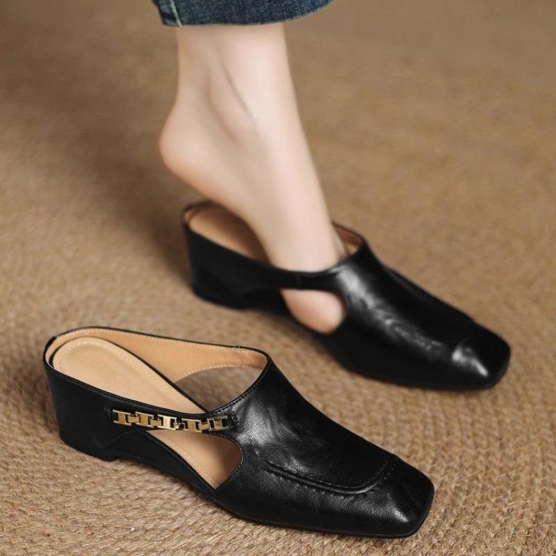 Fashion New Style Fashion Retro Style Baotou Women's Sandals Half Slippers Square Toe Inside Heightening Plus Size Zapatos Mujer