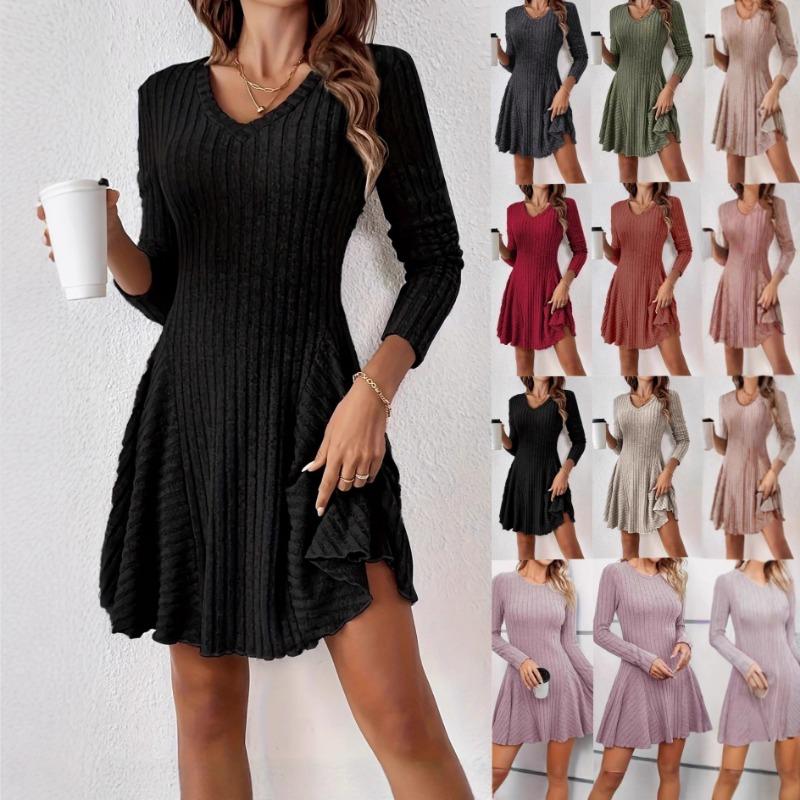 A Line Long Sleeve Knit Casual Women Dress