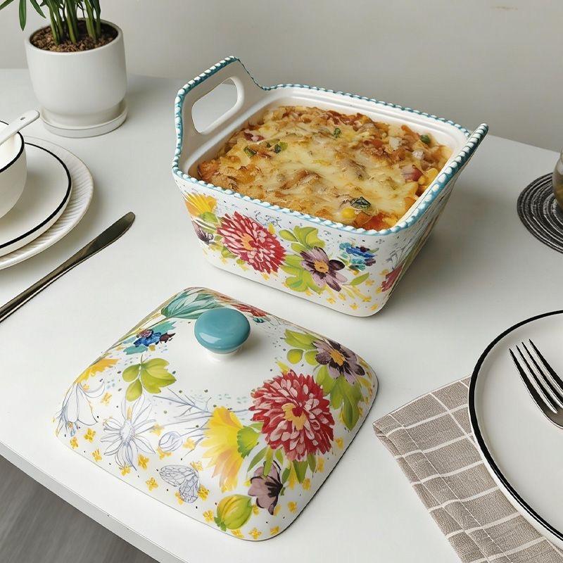 Große Keramik-Suppenschale mit Henkeln, Unterglasur, floral – Haus-Essgeschirr, Nudelschale