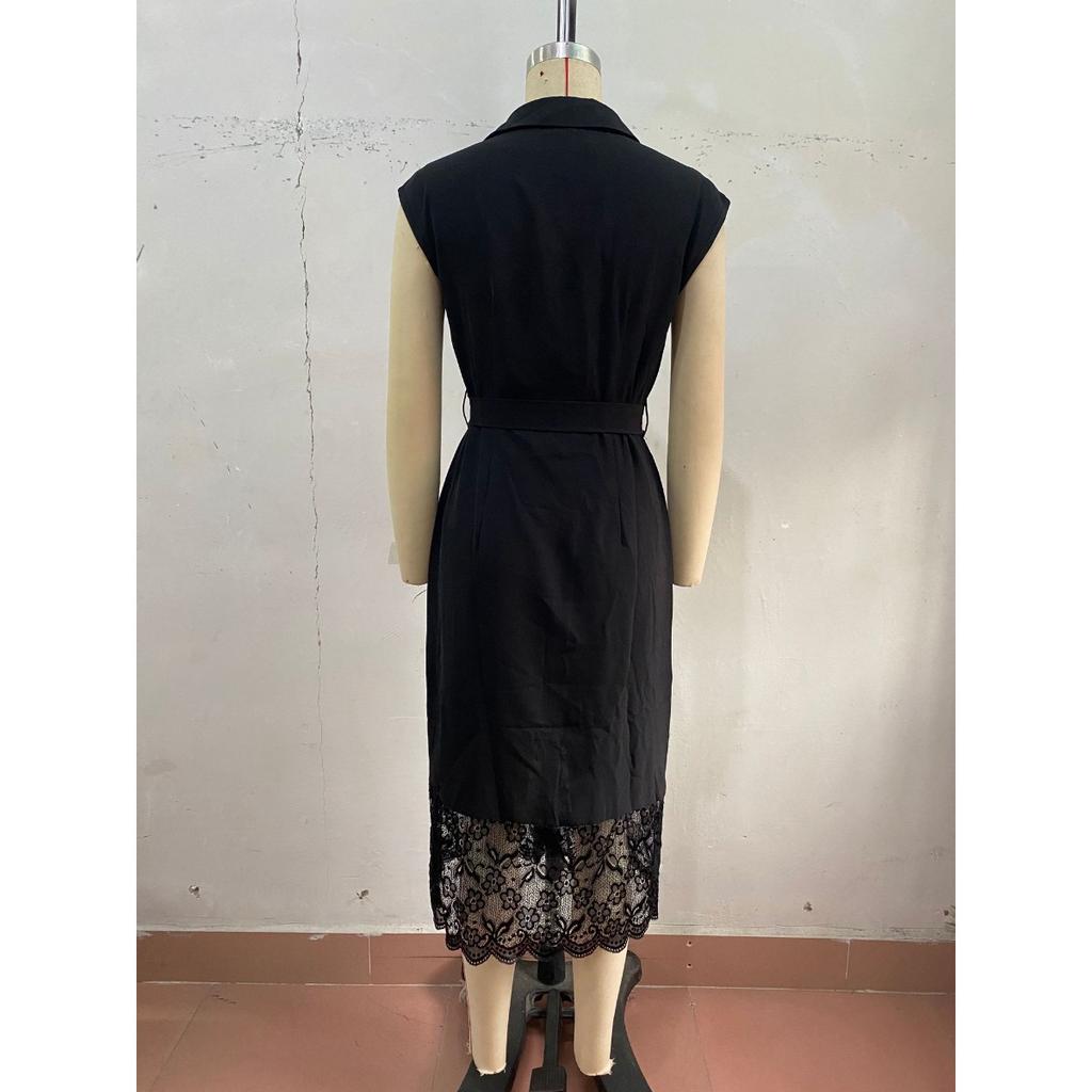 Summer Solid Color Elegant Lace Lapel Minimalist Style European American Dress Crossborder Hot Sale