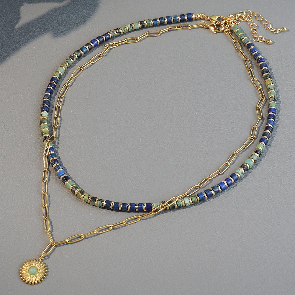 European, American and African turquoise handmade beaded necklace niche high-end flower pendant stacked with titanium steel collarbone chain