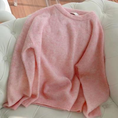 Lazy Wind Pink Mohair Pullover Women's Autumn New Soft Loose Top Knitted Sweater Women's Clothing