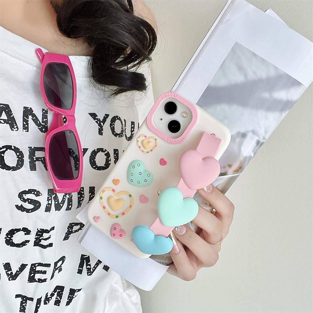 3D Cute Heart Cartoon Love Wristband Wrist Strap Phone Case for iPhone 17 16 15 14 13 Pro Max Soft Shockproof Cover Case
