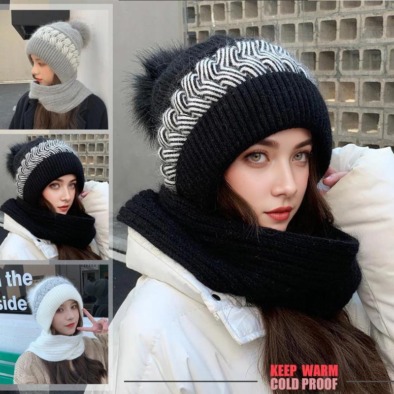 1PC Hat Windproof Earmuffs Knitted Hat Integrated Scarf Cozy Ear-Protecting Warm Set Fashionable