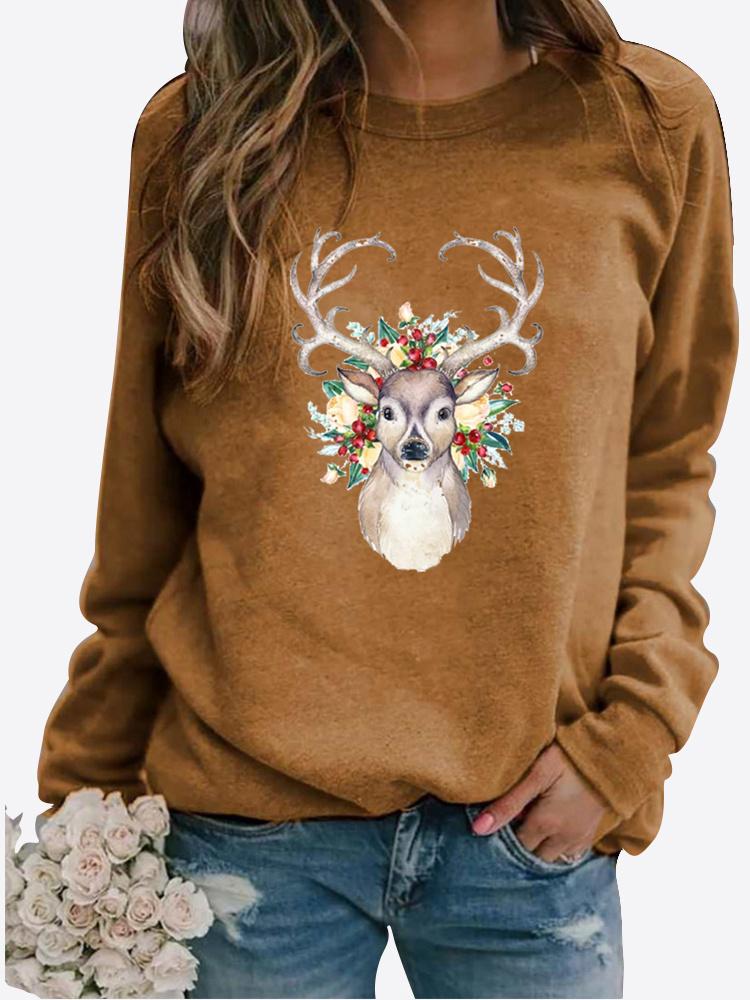 Autumn and Winter Women's Christmas Theme Printing Sweater Round Neck Long Sleeve Casual Sweatshirt Plus Size Top