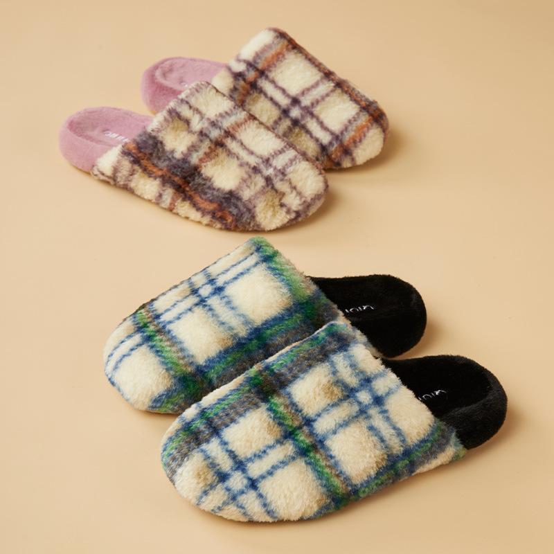Cotton slippers retro plaid warm indoor non-slip household plush slippers winter
