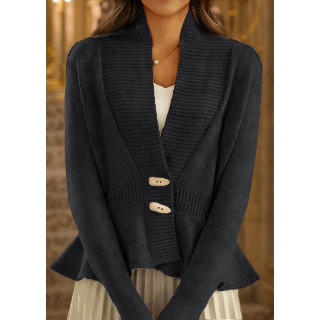 2024 Autumn/Winter Women's Retro Knit V-Neck Cardigan with Ruffle Hem