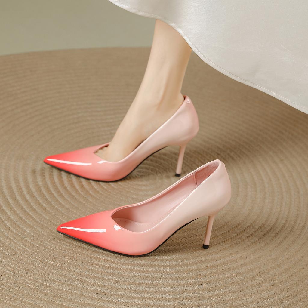 Sexy versatile pointed high heels women's 2025 new fine heel fashion temperament gradual change color patent leather light mouth single shoes