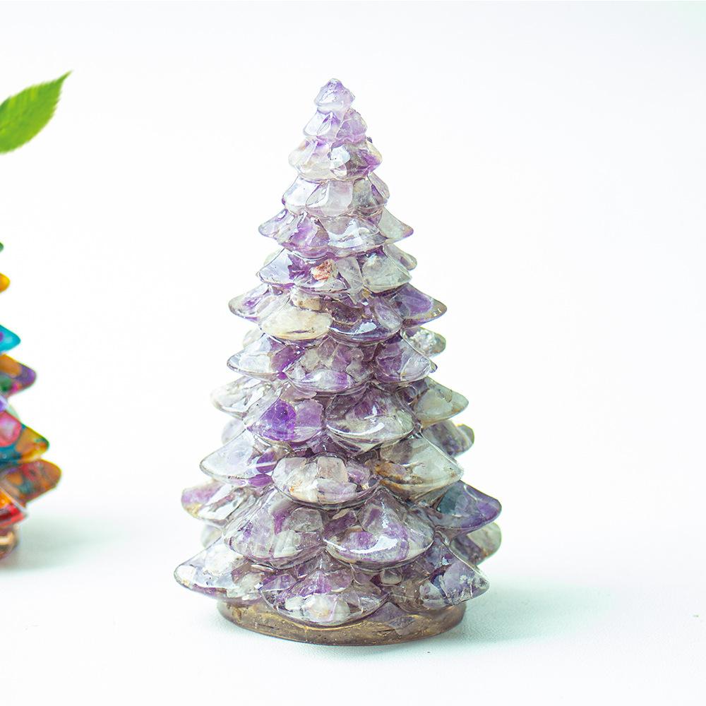 Crystal Gemstone Christmas Tree Sculpture Amethyst Rose Quartz Resin Art Home Decor Desk Ornament Holiday Gift For Her