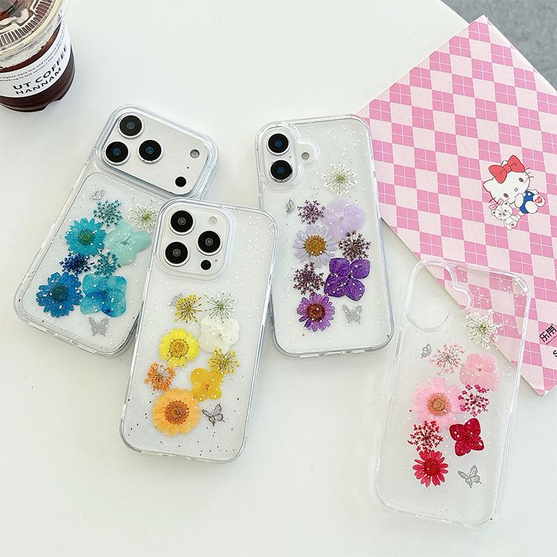 Glitter Real Flower Dried Flower Mobile Phone Case For Iphone17 Transparent Apple 16Promax Chrysanthemum Butterfly 15