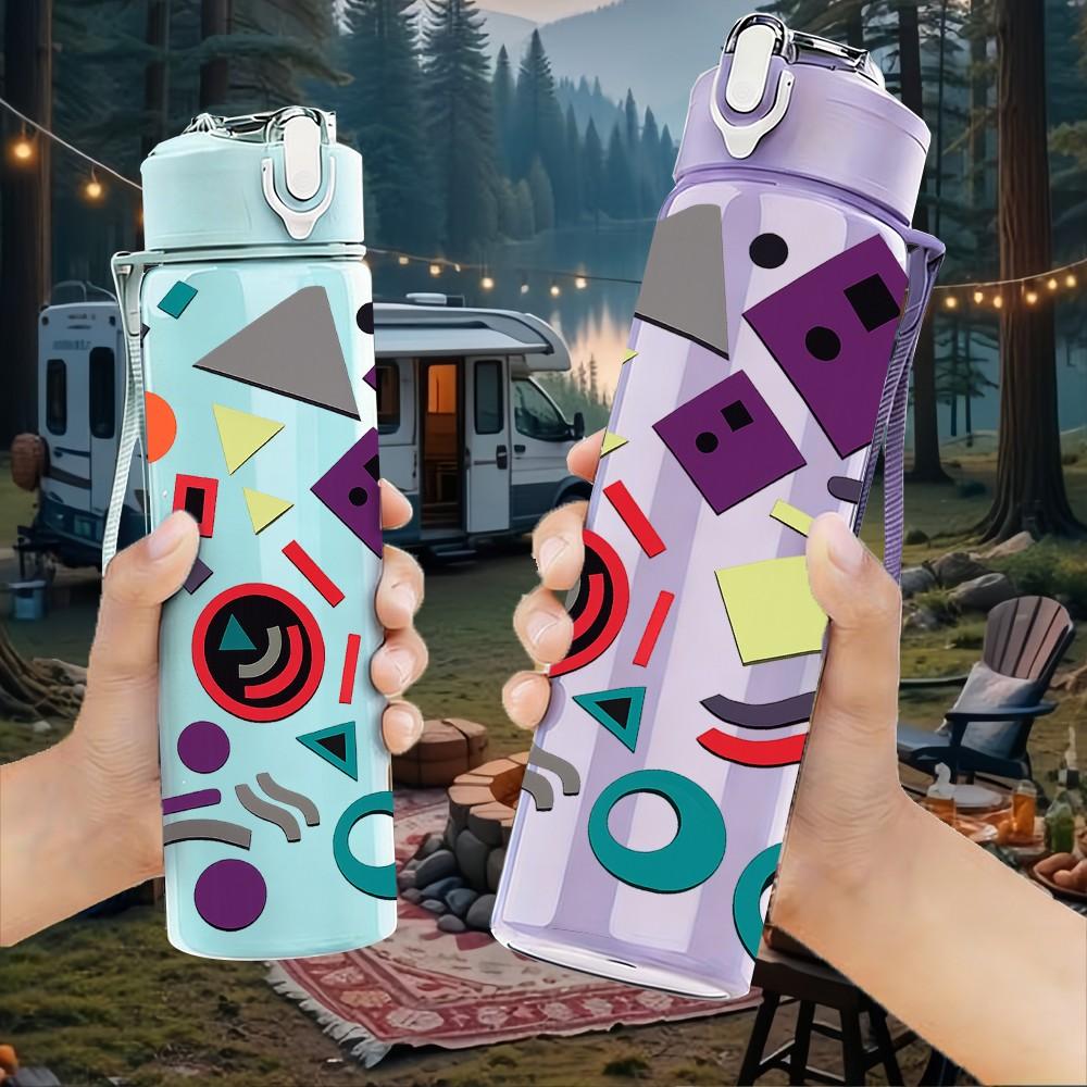 1PC Colorful Geometric Shape Doodle Print 750ml Color Plastic Sports Water Bottle Leakproof Flip Straw Lid Suitable for Sports Office Home Use