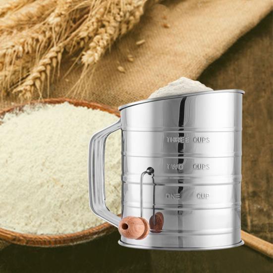 Stainless Steel Flour Sifter Hand Cranked Flour Sieve with Measurement Markings 3-Cup Capacity Baking Flour Sieve for Fine Flour